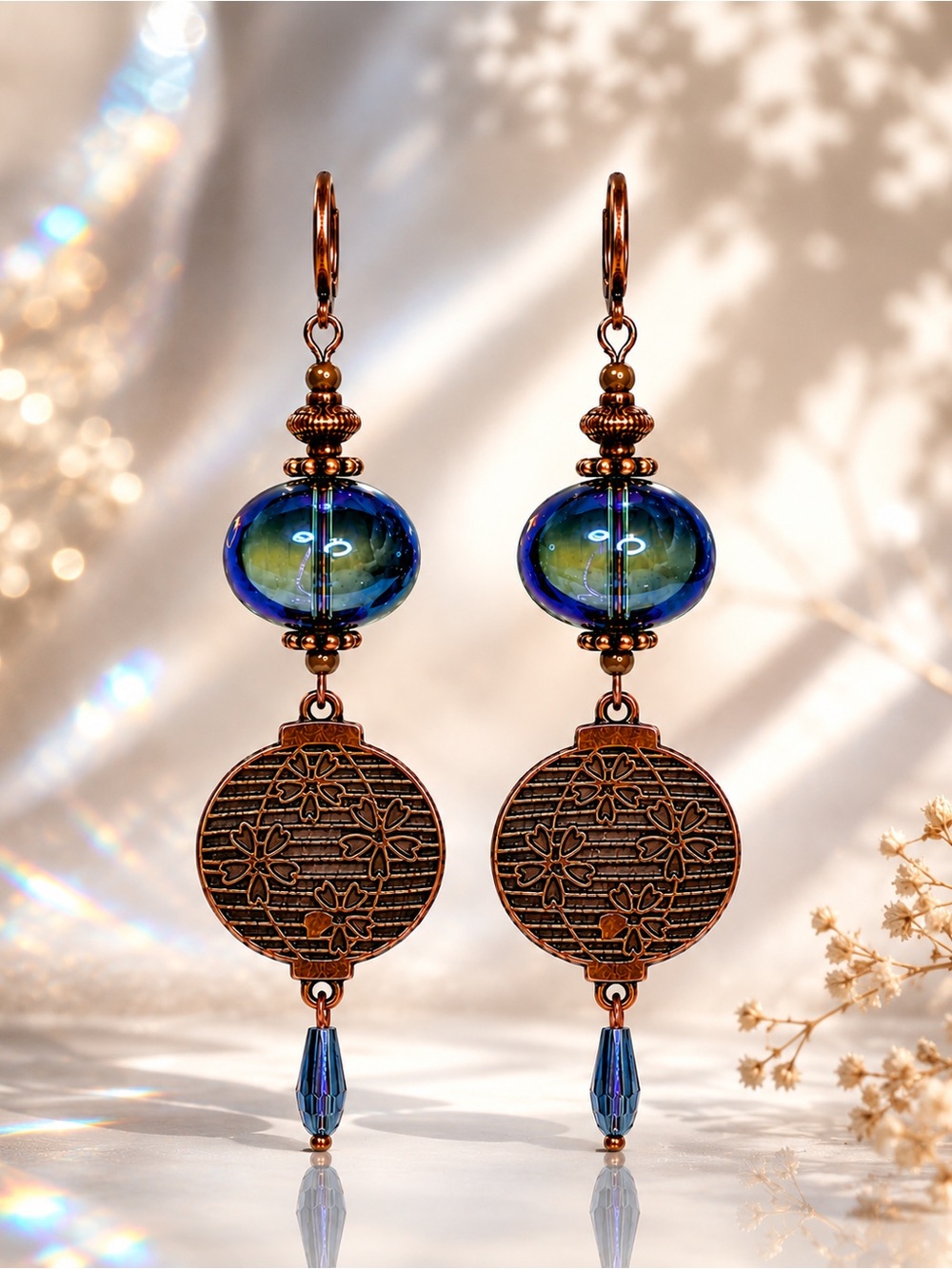 AB Glass Antique Copper Earrings Blue Green Dangles MTO